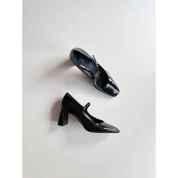 ZARA Black Faux Patent Leather Square Toe Block Heel Mary Jane Pumps, Size 37 - Picture 1 of 12